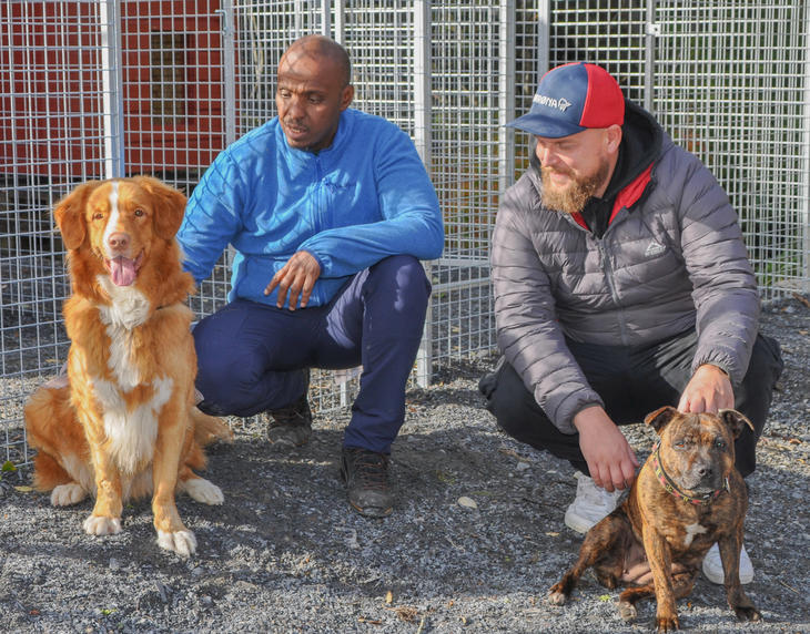 Beboer Mohammed t.v. med hunden Juster og Torstein Stangeland Husås, arbeidsleder ved Tyrilihaugen med Frøya.