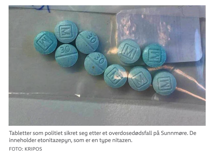Ett av overdosetilfellene i Norge basert på inntak av stoffer som inneholdt nitazener. Bildet er tatt av Kripos og gjengitt som skjermdump fra nrk.no
